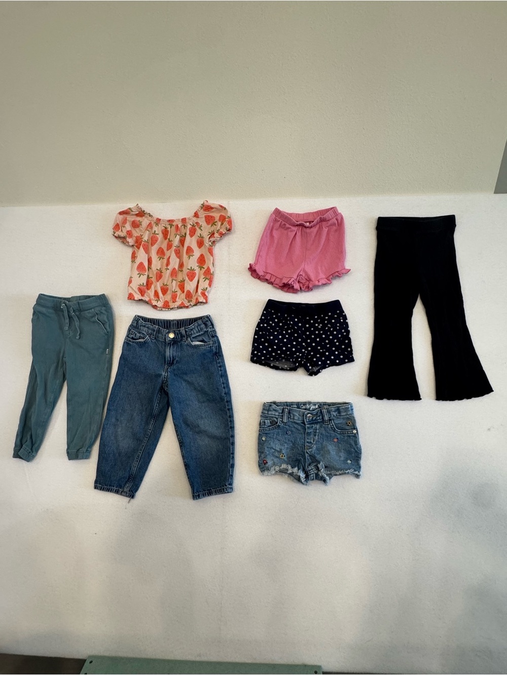 Girls Mixed Clothing Lot - Strawberry Top & Assorted Bottoms - Pink, Black, Blue